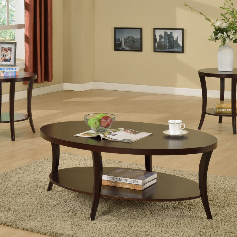 Rhonda Beautiful And Bold Brown Finish Modern 3-Piece Coffee Occasional Oval Table Set With Bottom Open Platform