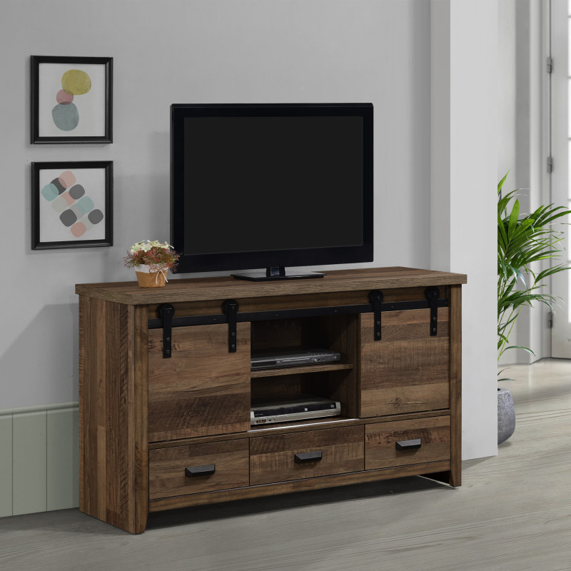 Calhoun Media Chest With Barn Door, Entertainments Cabinet, Wood And Veneer, And Features A Rustic Distressed Finish