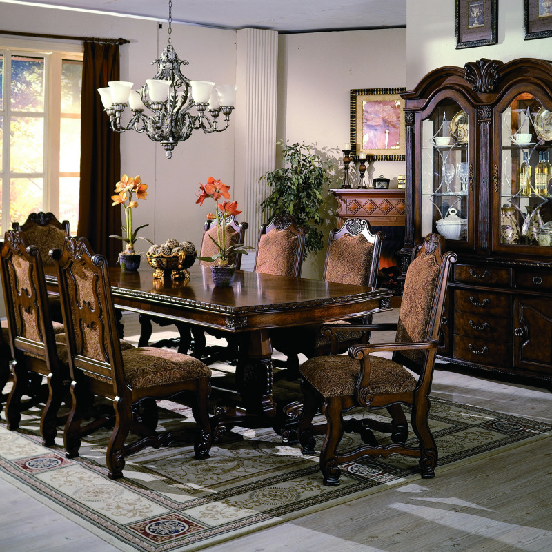 Neo Renaissance Brown Traditional Wood Veneers And Solids Formal Extendable Dining Room Set