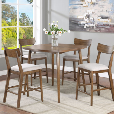 Weldon Brown Finish Rustic Fabric Seat Retro Modern Wood Counter Height Dining Room Set