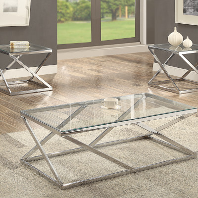 Chase Modern And Eye-Catching Sleek Silver Metal Finish And Glass 3-Piece Coffee Table Set