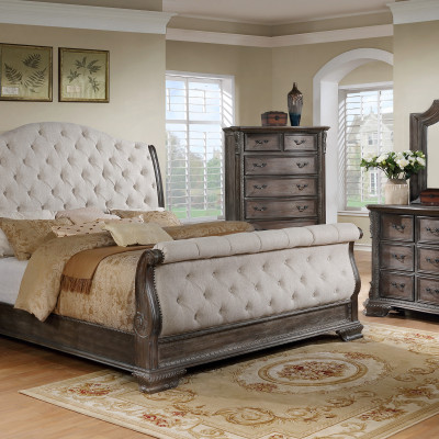 Sheffield Antique Gray Fabric Upholstered Tufted Sleigh Bedroom Set