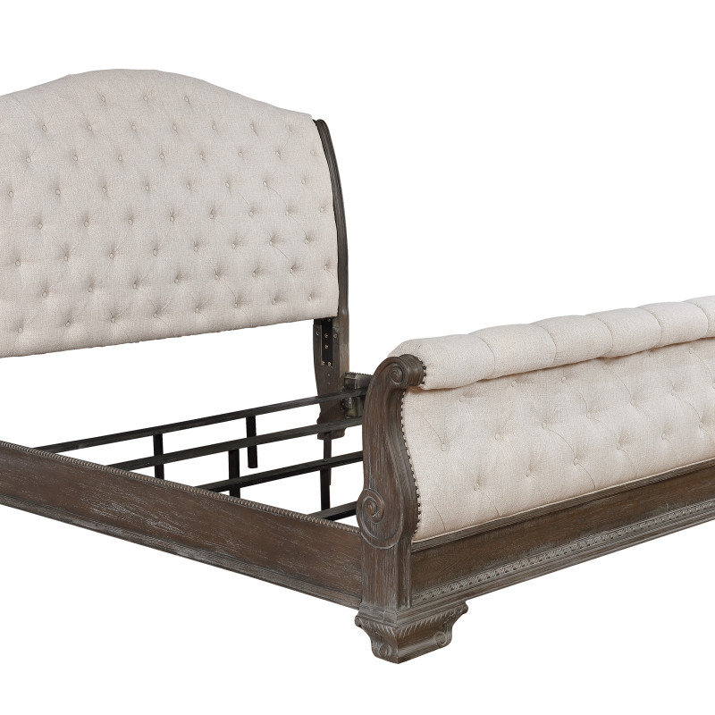 Sheffield Antique Gray Fabric Upholstered Tufted Sleigh Bedroom Set