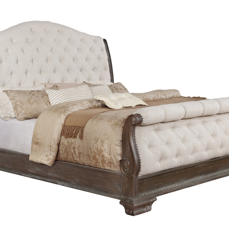 Sheffield Antique Gray Fabric Upholstered Tufted Sleigh Bedroom Set