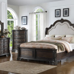 Sheffield Antique Gray Finish Fabric Upholstered Panel Bedroom Set, Wood Veneers And Solids