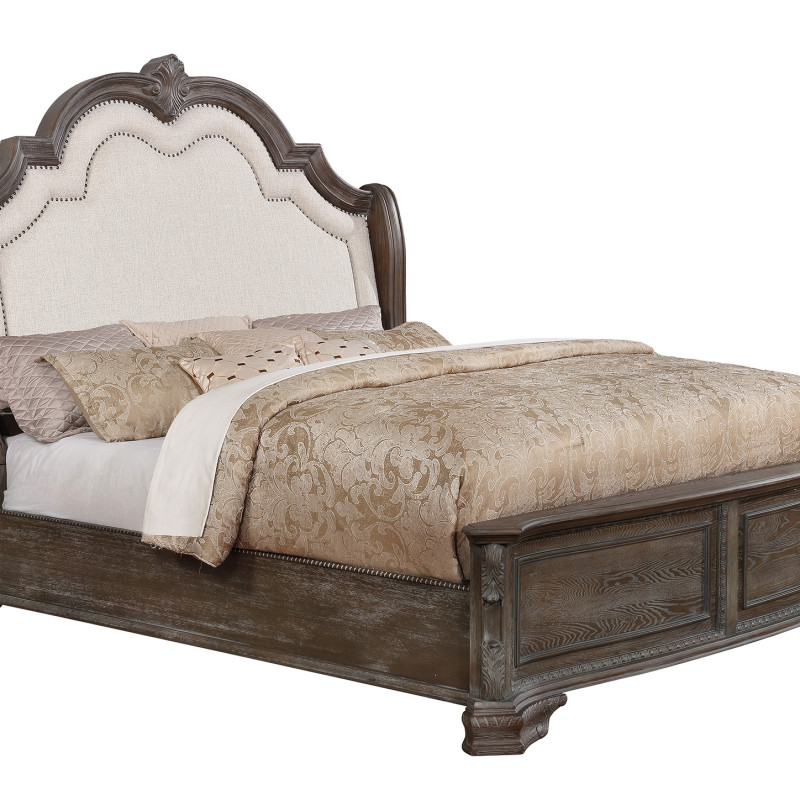 Sheffield Antique Gray Finish Fabric Upholstered Panel Bedroom Set, Wood Veneers And Solids