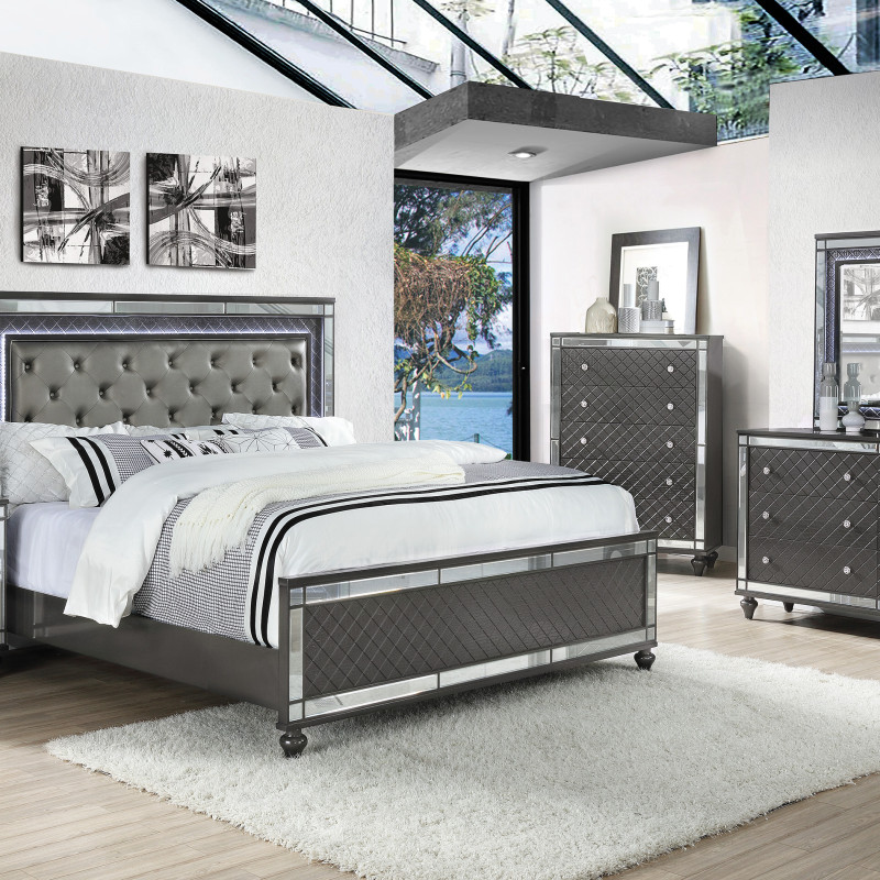 Refino Gray LED Modern Sleek Fabric Upholstered Tufted Panel Bedroom Set