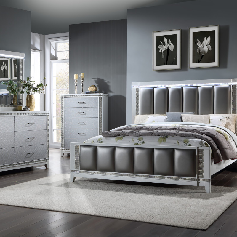 Ariane Silver-White Faux Leather Upholstered Panel Bedroom Set