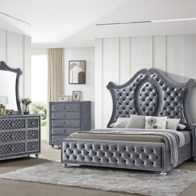 Cameo Gray Modern Velvet Upholstered Tufted Panel Bedroom Set