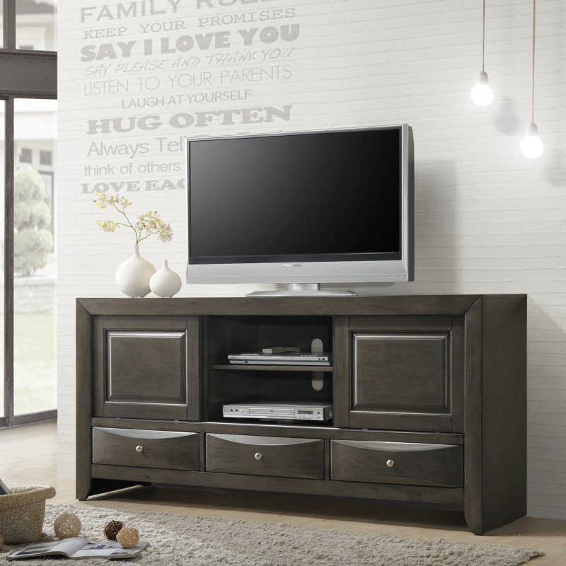 Emily Contemporary Modern Tv Stand Grey, Entertainment Cabinets With Open Storage And Cable Management in Grey Woodgrain Finish