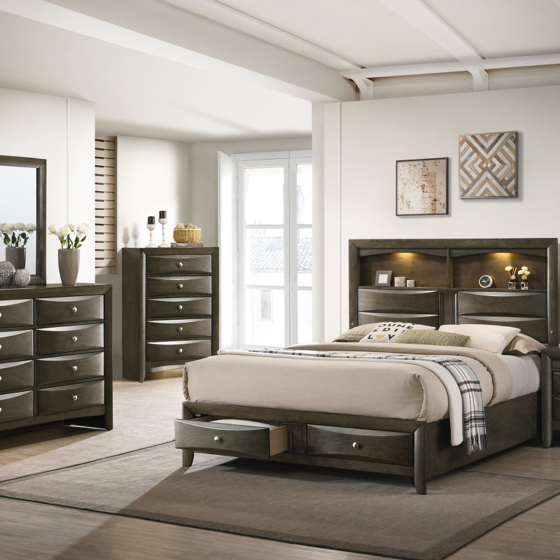 Fallon Gray Finish, Modern And Sleek LED Bookcase Storage Platform Bedroom Set