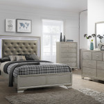 Lyssa Champagne Modern Faux Finish LED Fabric Upholstered Tufted Panel Bedroom Set