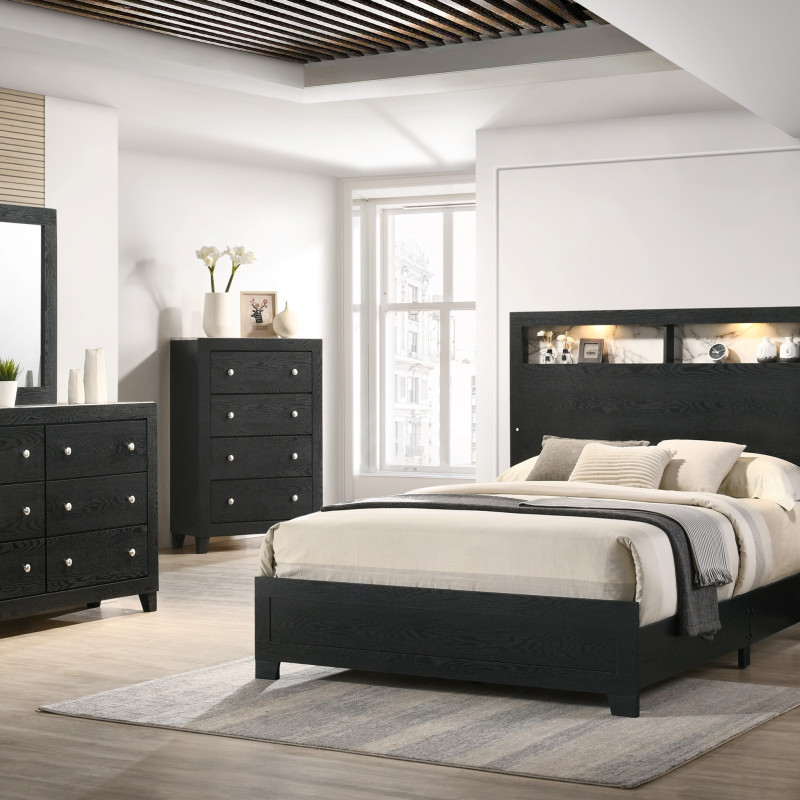 Cadence Black Sleek And Modern Wood LED Bookcase Panel Bedroom Set