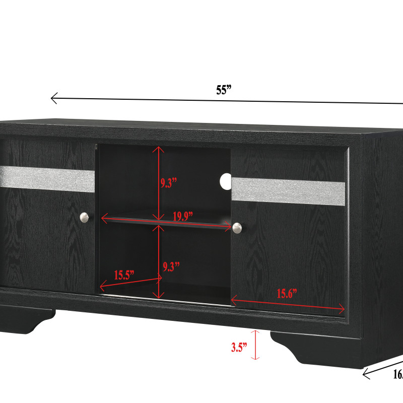 Regata Black/Silver Finish Modern Tv Stand, Entertainment Cabinet, Contemporary Style, Media Console With Wood Finish And Wood Legs with Storage Doors