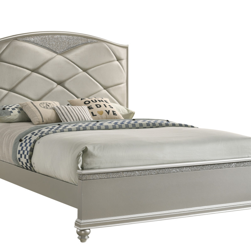 Valiant Champagne Silver Finish Modern Faux Leather Upholstered Tufted Panel Bedroom Set