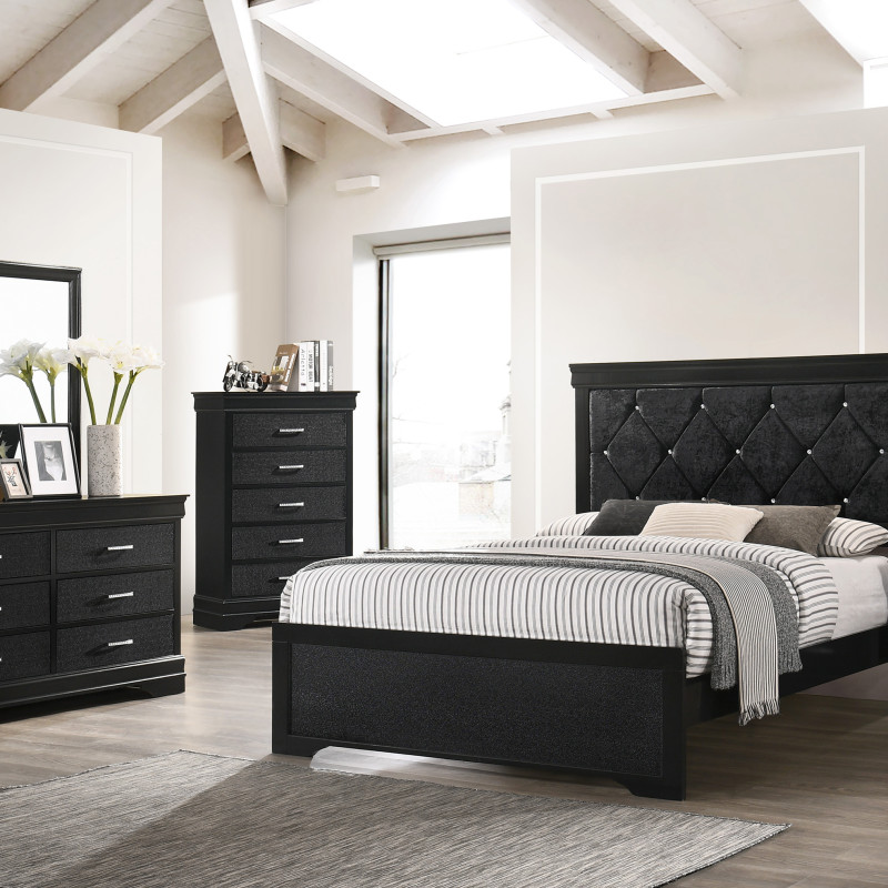 Amalia Black Natural Wood Velvet Upholstered Tufted Panel Bedroom Set