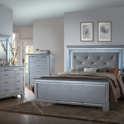 Lillian Silver Sleek Contemporary LED Fabric Upholestered Tufted Bedroom Set