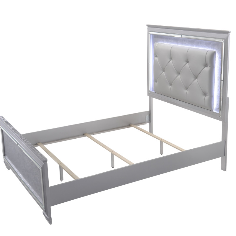 Lillian Silver Sleek Contemporary LED Fabric Upholestered Tufted Bedroom Set