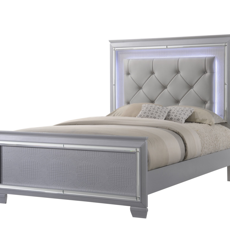 Lillian Silver Sleek Contemporary LED Fabric Upholestered Tufted Bedroom Set