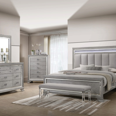 Vail Gray Finish Contemporary LED Upholstered Wood Panel Bedroom Set