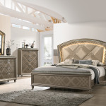 Cristal Gold Modern Glam LED Faux Leather Upholstered Panel Bedroom Set