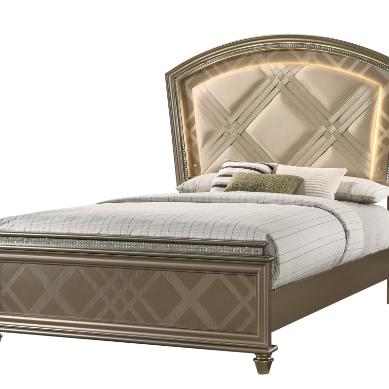 Cristal Gold Modern Glam LED Faux Leather Upholstered Panel Bedroom Set