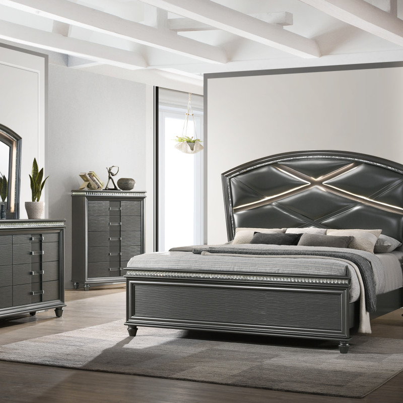 Adira Gray LED Faux Leather Upholstered Modern Wood Panel Bedroom Set