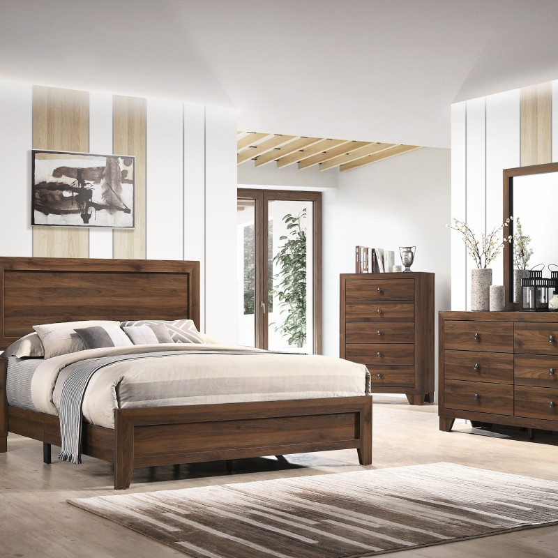 Millie Cherry Brown Finish Transitional Modern Wood Grain Panel Bedroom Set