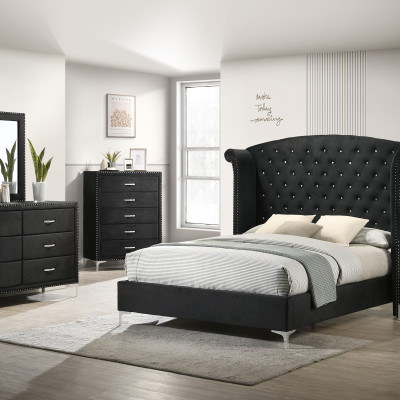 Lucinda Black Velvet Wingback Sleek And Modern Upholstered Tufted Panel Bedroom Set