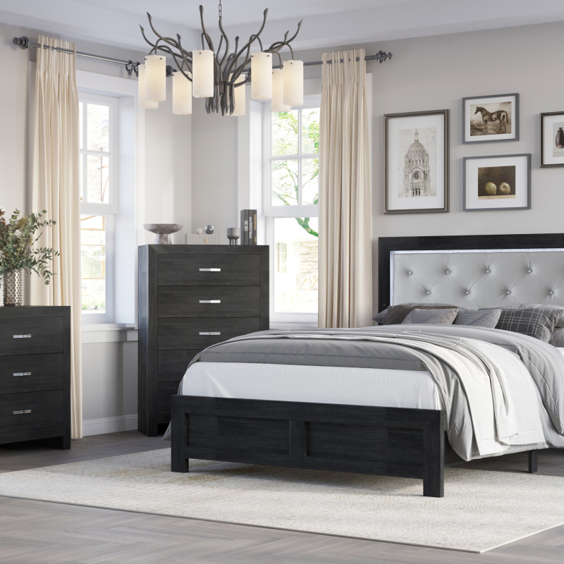 Jaylen Black Finish Modern Faux Leather Upholstered Tufted LED Panel Bedroom Set